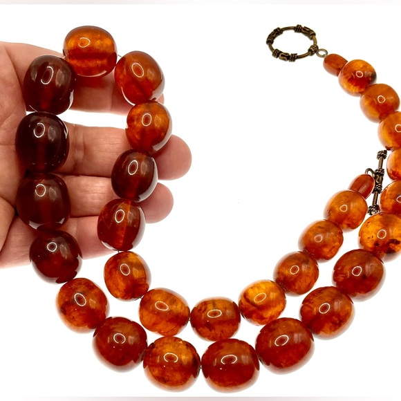 Vintage Gorgeous Amber Lucite Large Beaded Statement Necklace 24” - Picture 3 of 9